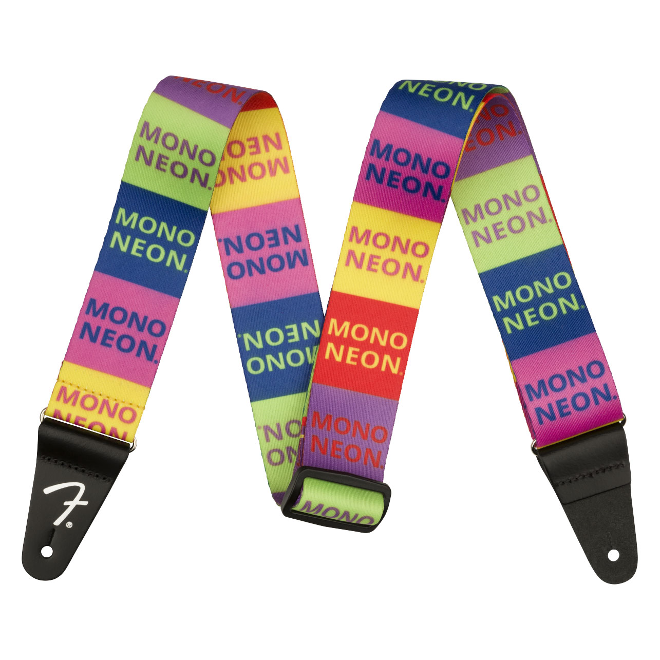 Fender Mononeon logo multi-color 2-inch guitar strap with adjustable length for electric or acoustic guitars.