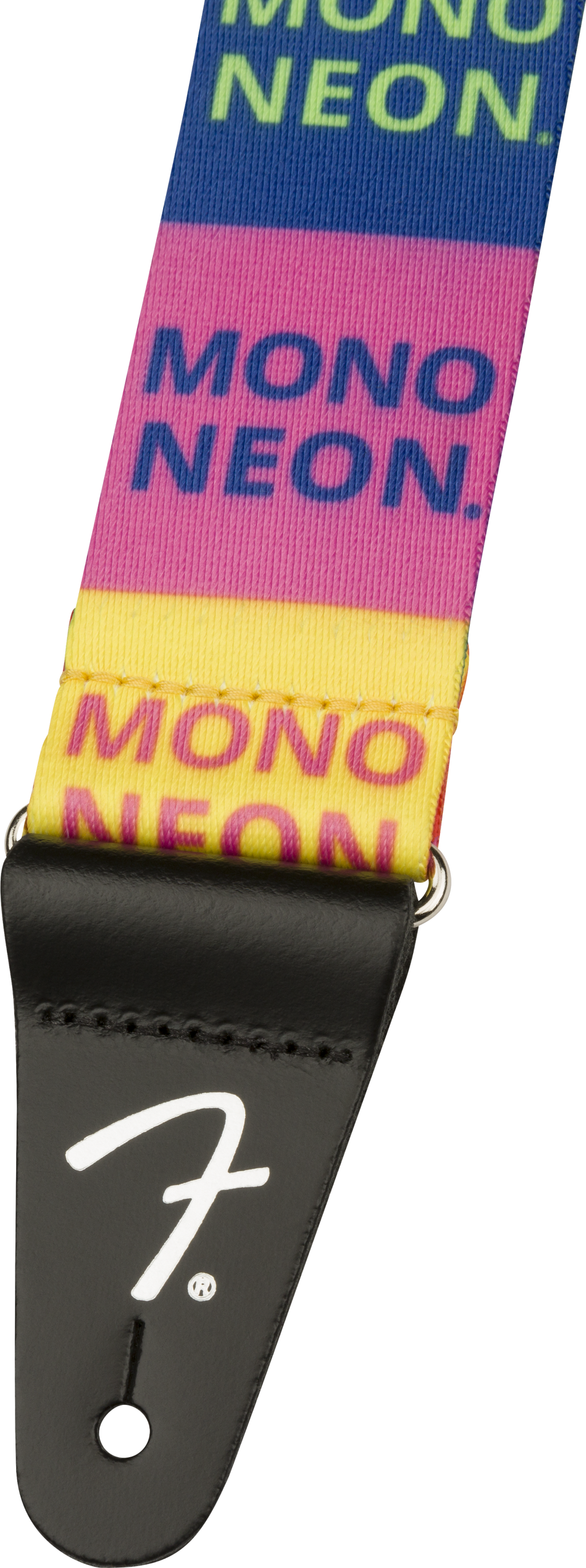Fender Mononeon logo multicolor guitar strap, 2-inch wide, featuring vibrant design and adjustable length for electric guitars.