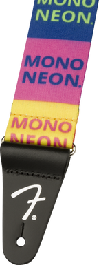Fender Mononeon logo multicolor guitar strap, 2-inch wide, featuring vibrant design and adjustable length for electric guitars.