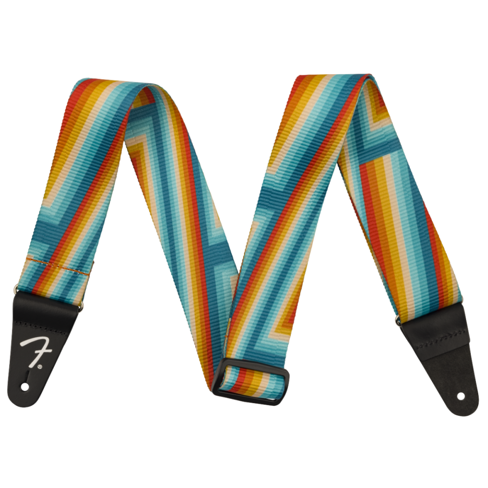 Fender Retro Rainbow Guitar Strap with colorful striped design, adjustable strap for electric or acoustic guitars.