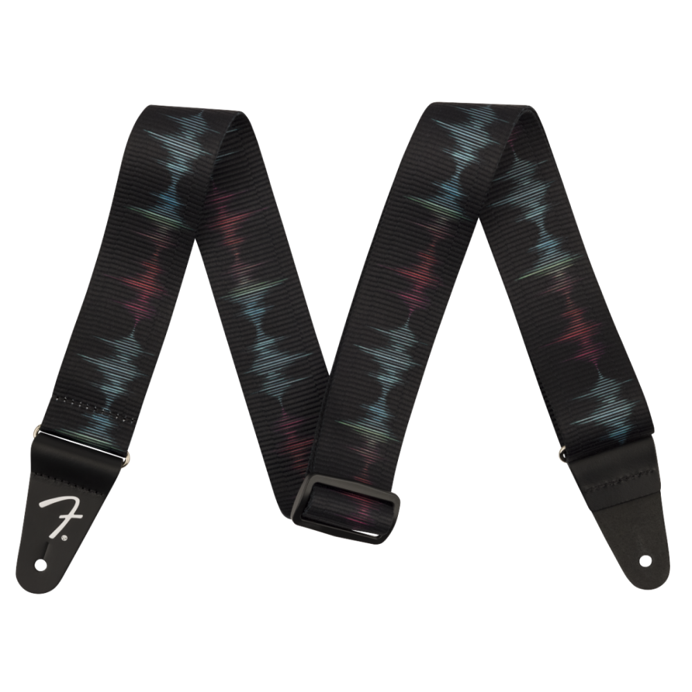 Fender Retro Sound Wave guitar strap with colorful wave pattern, adjustable strap for electric and acoustic guitars.