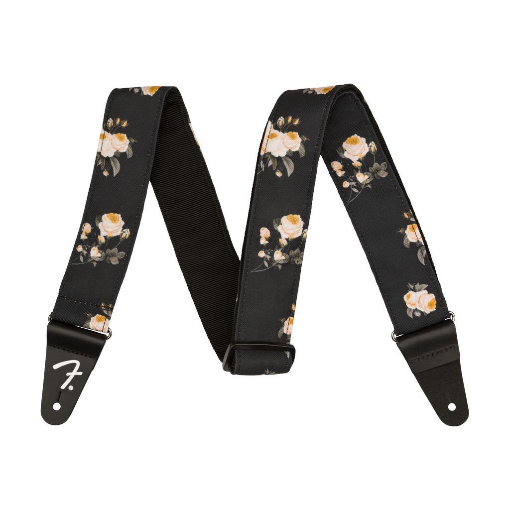 Fender Floral 2-inch black guitar strap with colorful floral pattern, adjustable strap for electric or acoustic guitars.