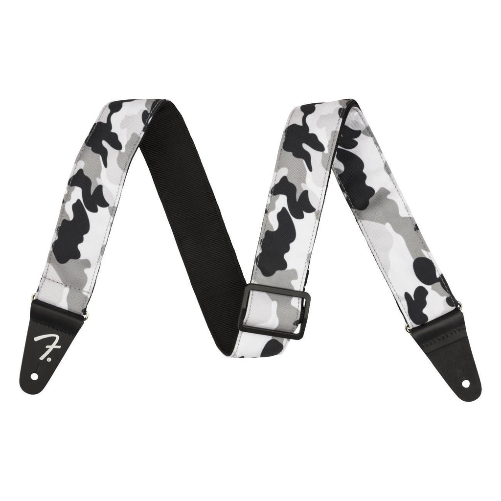 Fender 2-inch camo guitar strap in winter camouflage pattern, adjustable strap with leather ends for electric or acoustic guitars.