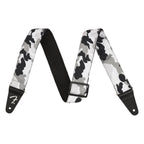 Fender 2-inch camo guitar strap in winter camouflage pattern, adjustable strap with leather ends for electric or acoustic guitars.