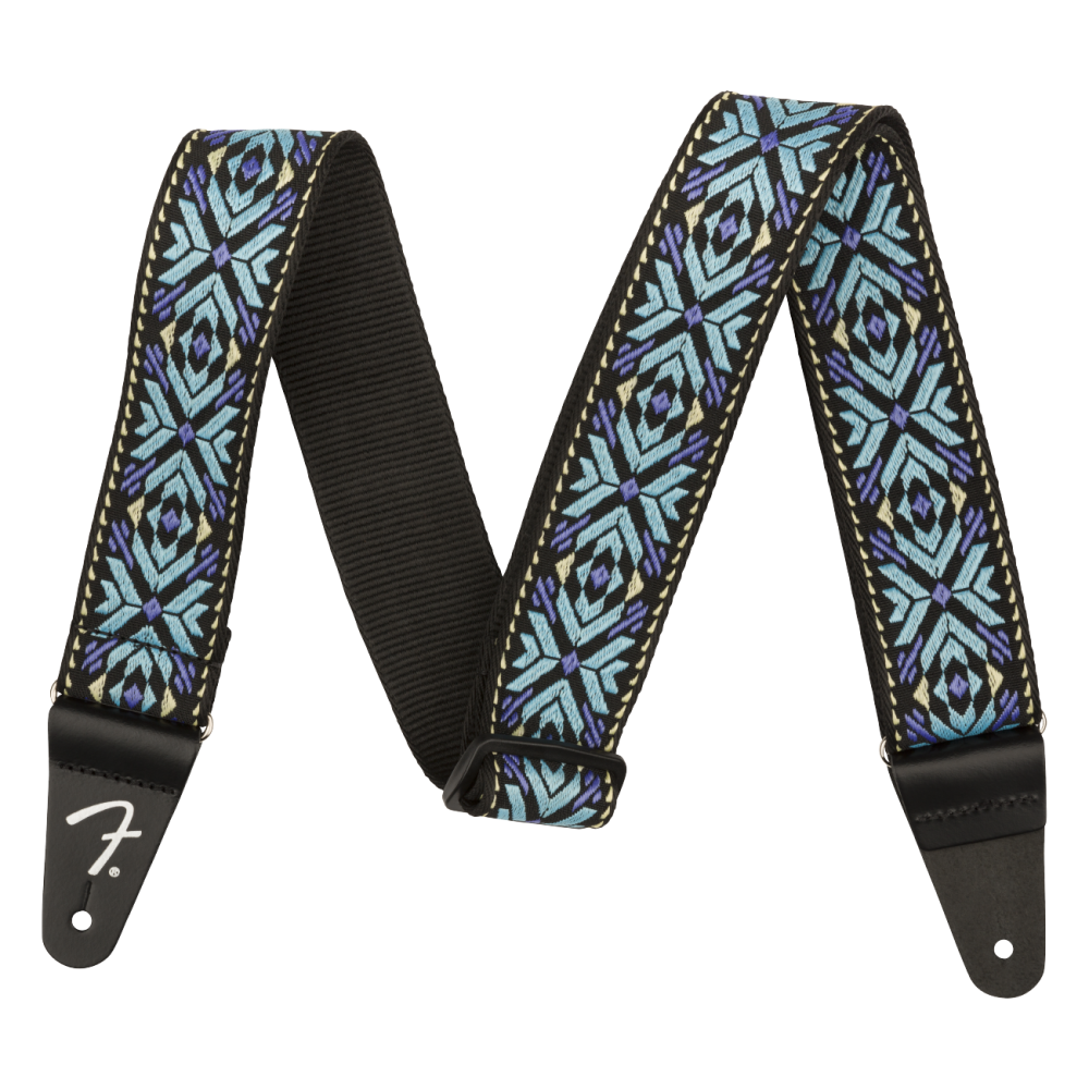 Fender Pasadena woven guitar strap in blue snowflake pattern, 2-inch wide, adjustable for comfortable playing.