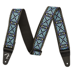 Fender Pasadena woven guitar strap in blue snowflake pattern, 2-inch wide, adjustable for comfortable playing.