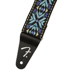 Fender Pasadena woven guitar strap in blue snowflake design, 2-inch width, with leather ends for secure attachment.
