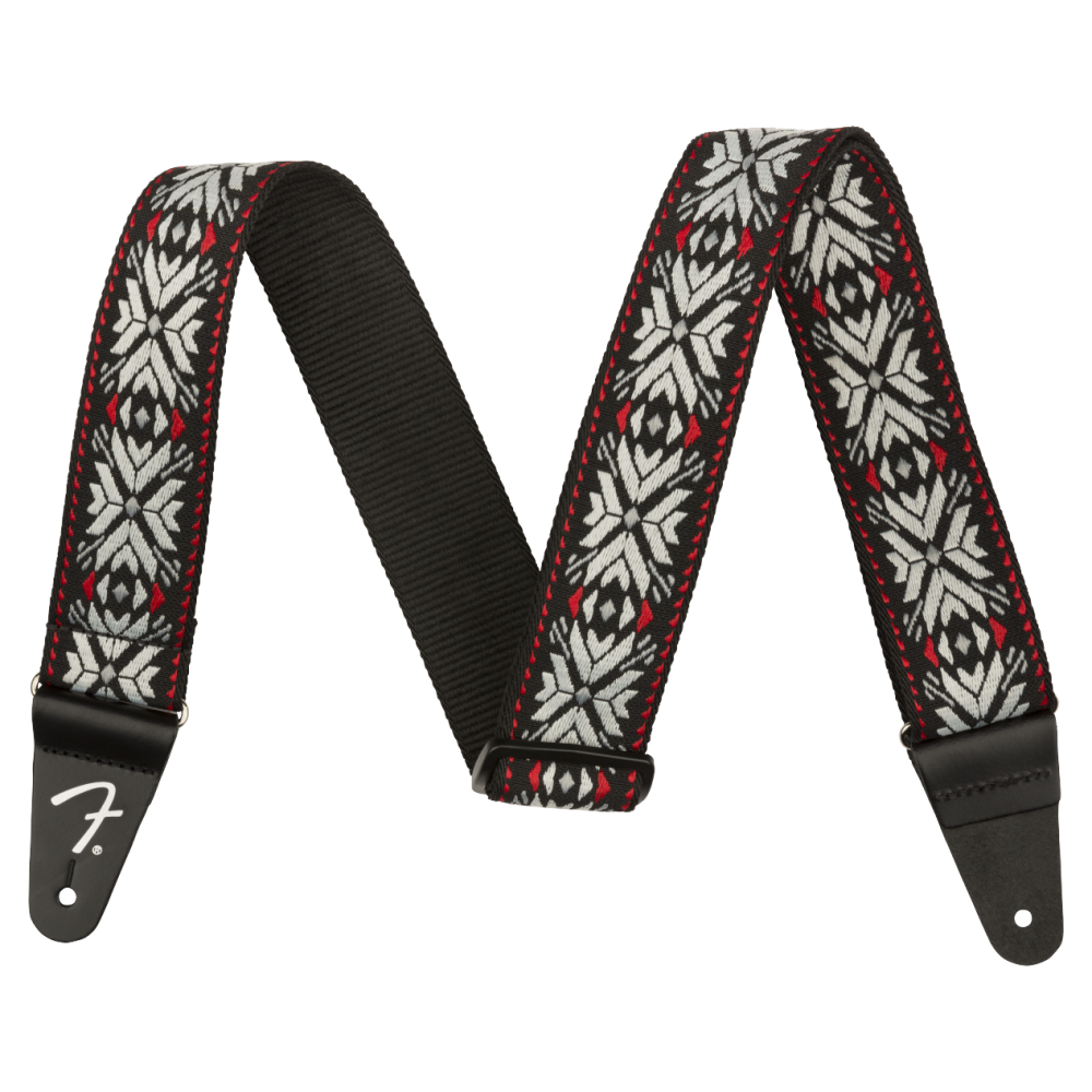 Fender Pasadena woven guitar strap in red snowflake pattern, 2-inch wide, with adjustable leather ends for secure fitting.