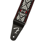 Fender Pasadena woven guitar strap in red snowflake pattern, 2-inch wide, with leather ends and adjustable length.