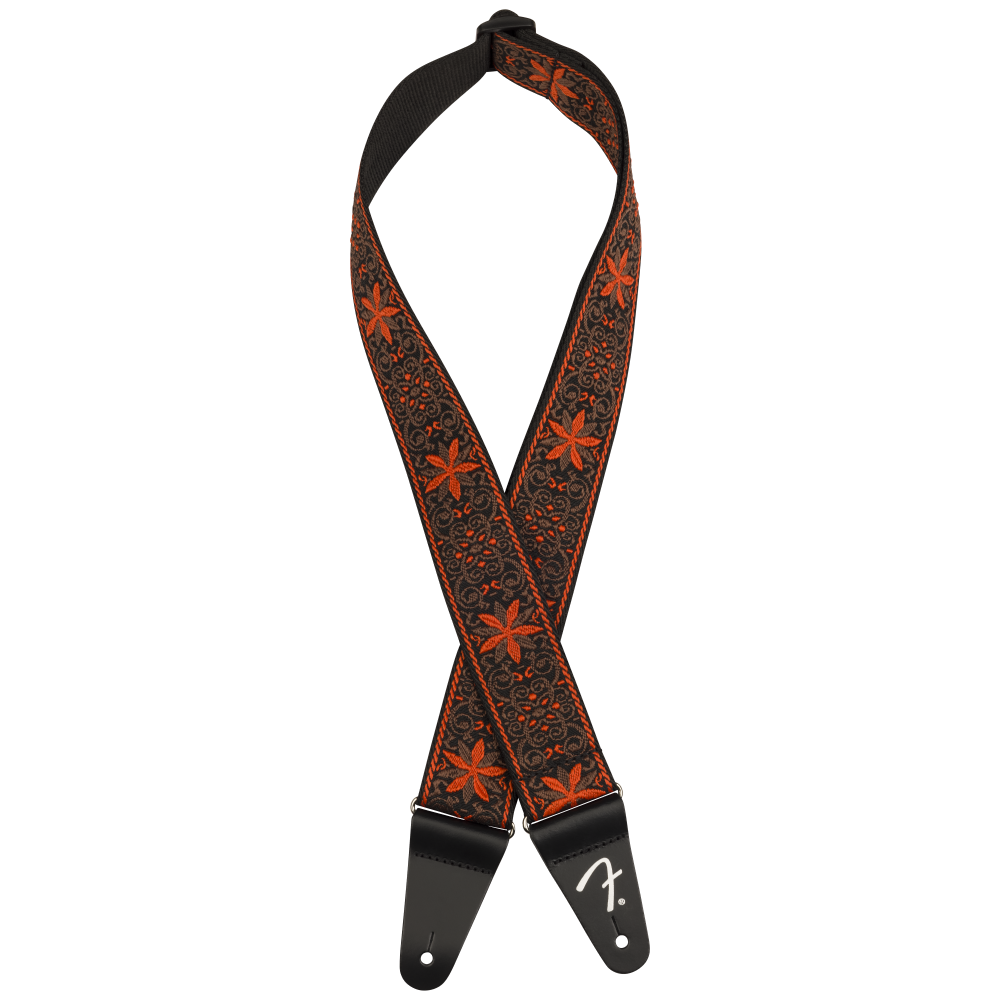 Fender Pasadena woven guitar strap in orange Wallflower color, 2-inch wide, with adjustable strap and detailed woven pattern.