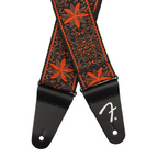 Fender Pasadena woven guitar strap in orange Wallflower design, 2-inch width, featuring intricate woven pattern and adjustable ends.