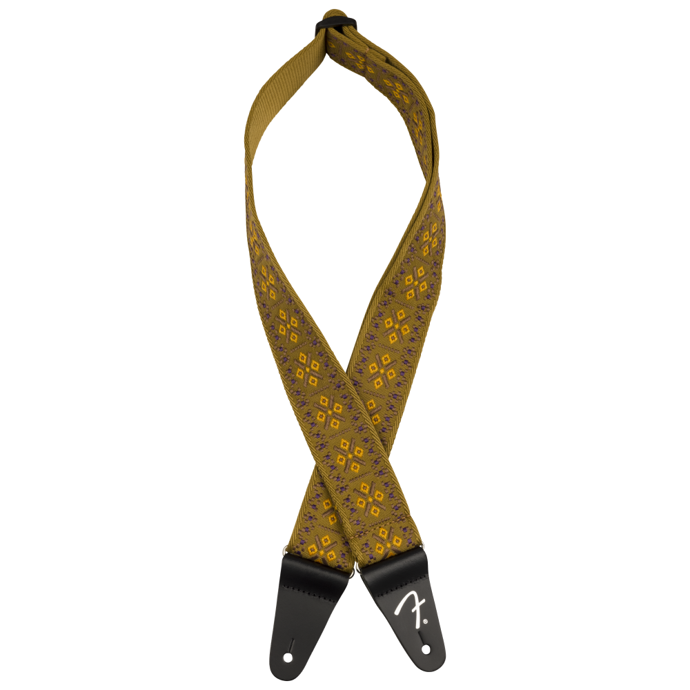 Fender Pasadena woven guitar strap in lattice tan, 2-inch wide, with adjustable leather ends and woven fabric design.
