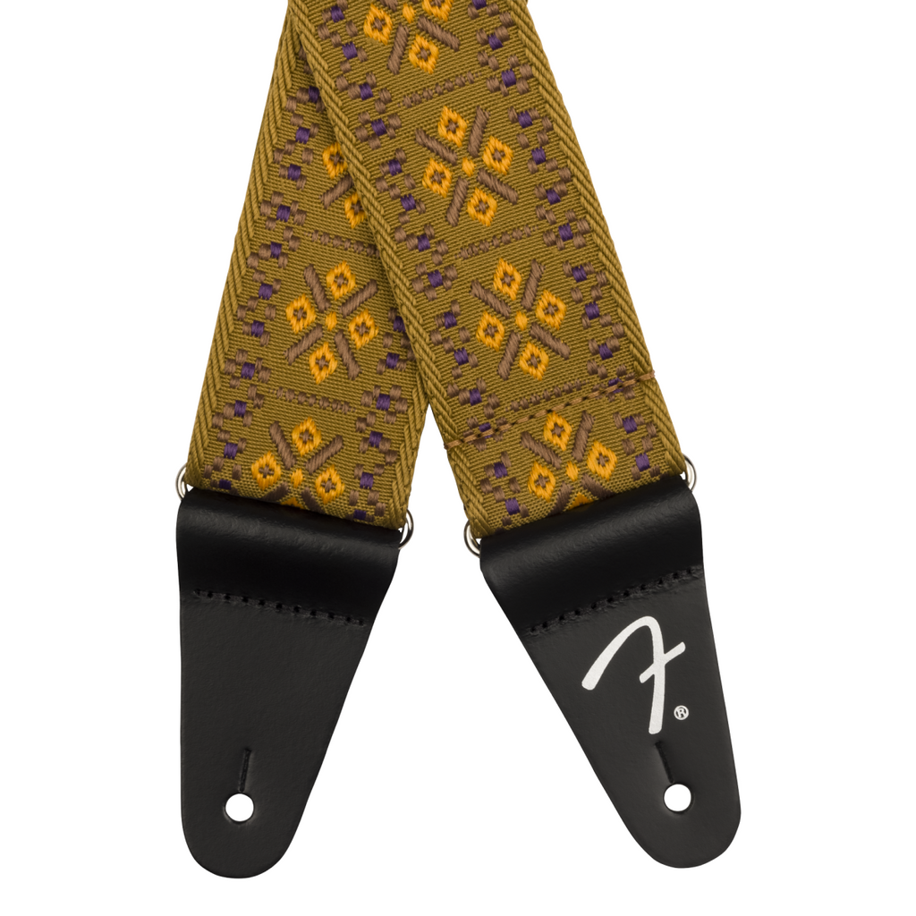 Fender Pasadena woven guitar strap in tan with lattice pattern, 2-inch wide, designed for comfortable playing and stylish look.