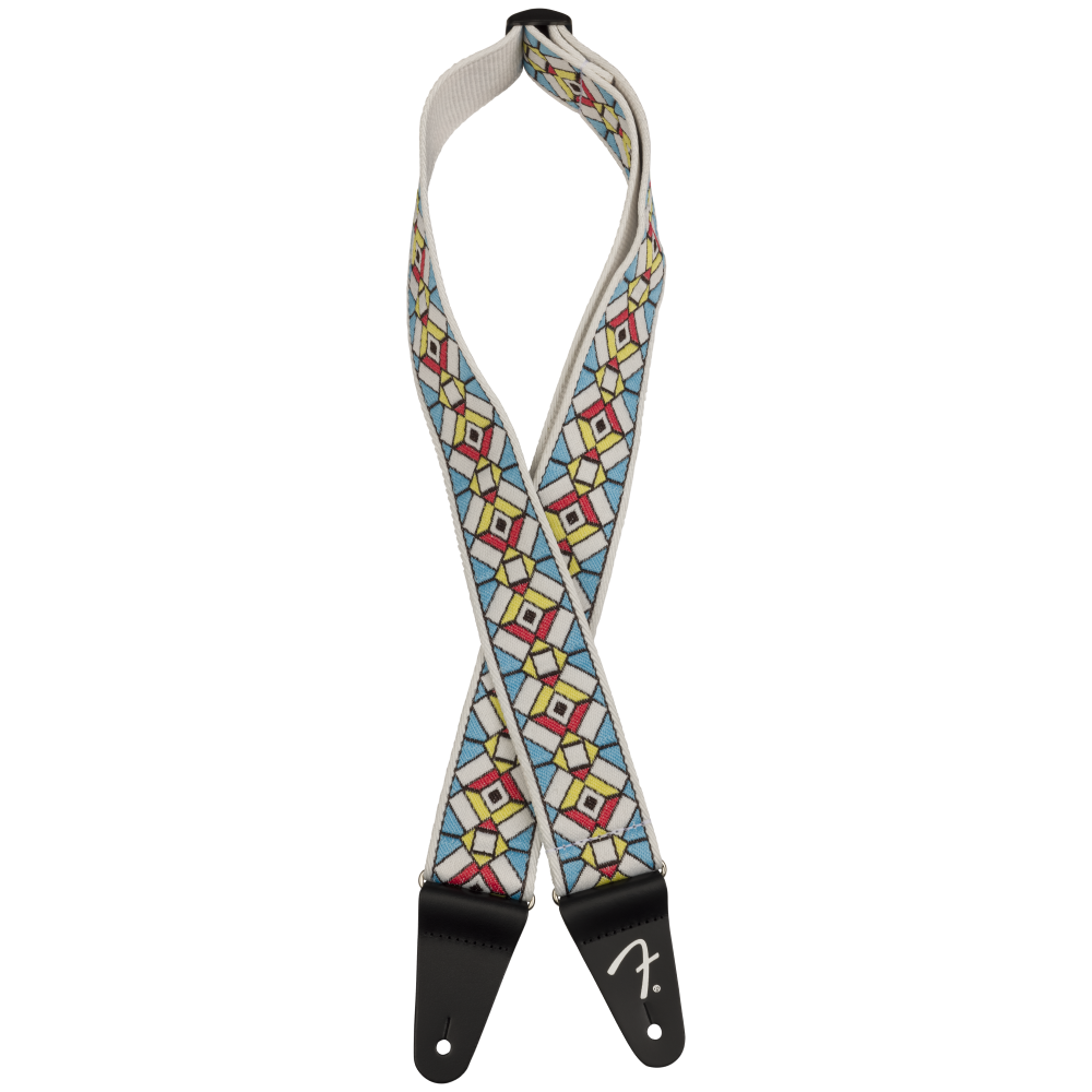 Fender Pasadena woven guitar strap in cathedral style, 2-inch width with intricate design and comfortable leather ends for secure fit.