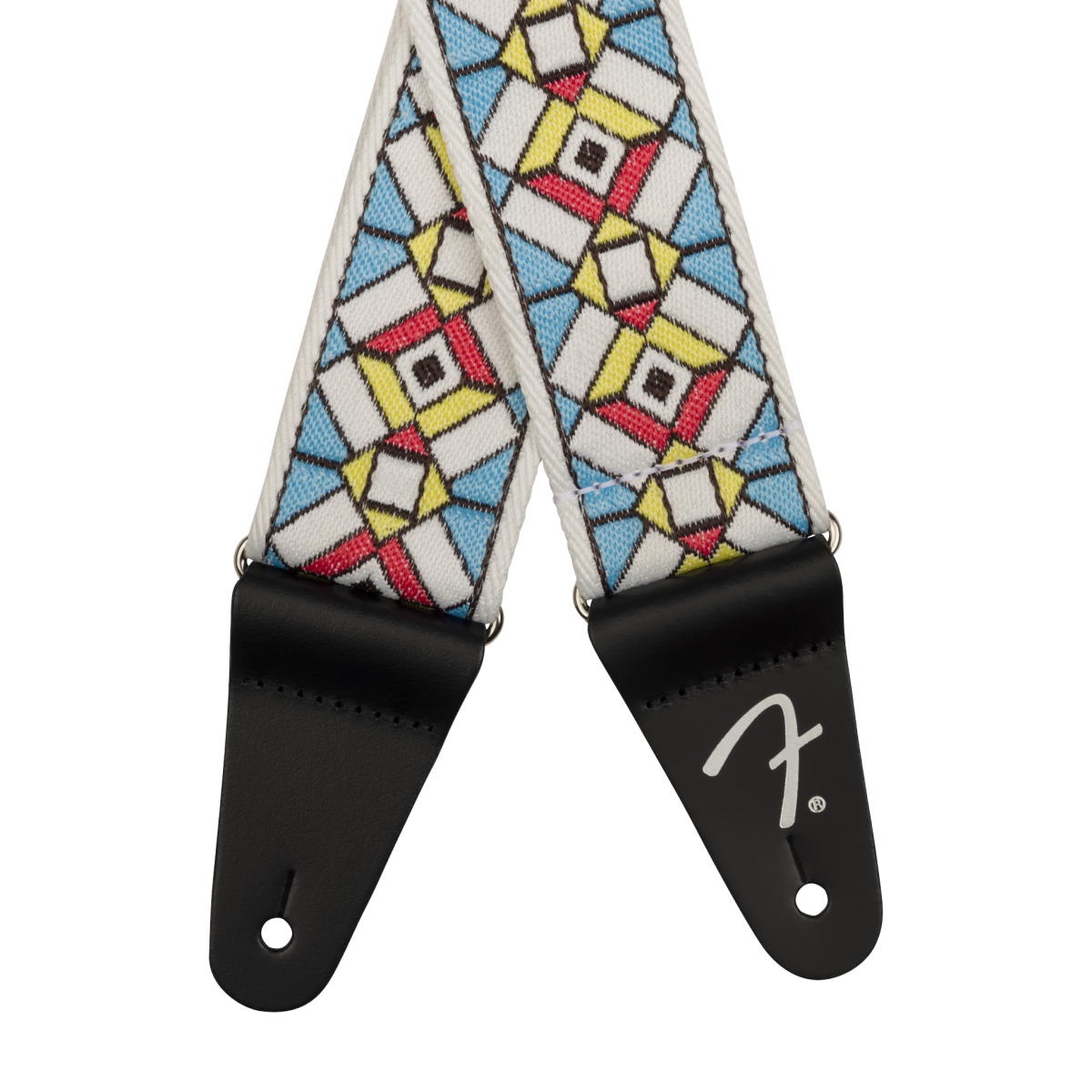 Fender Pasadena woven guitar strap in 2-inch width with a cathedral pattern, designed for comfortable instrument support.