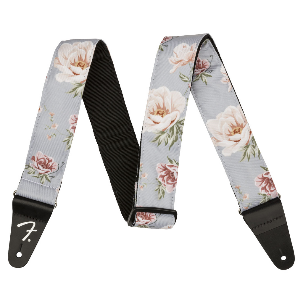 Fender Floral 2-inch gray guitar strap with colorful floral pattern, adjustable strap for electric or acoustic guitars.