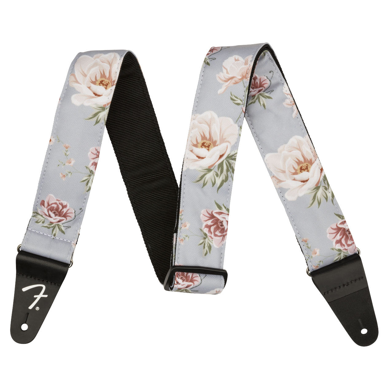 Fender Floral 2-inch gray guitar strap with colorful floral pattern, adjustable strap for electric or acoustic guitars.