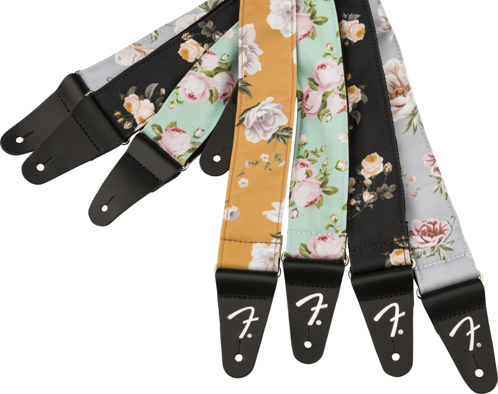Gray Fender Floral 2-inch guitar strap featuring a colorful floral pattern, adjustable for comfortable playing.