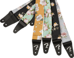 Gray Fender Floral 2-inch guitar strap featuring a colorful floral pattern, adjustable for comfortable playing.