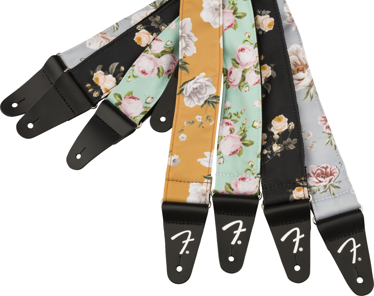 Gray Fender Floral 2-inch guitar strap featuring a colorful floral pattern, adjustable for comfortable playing.