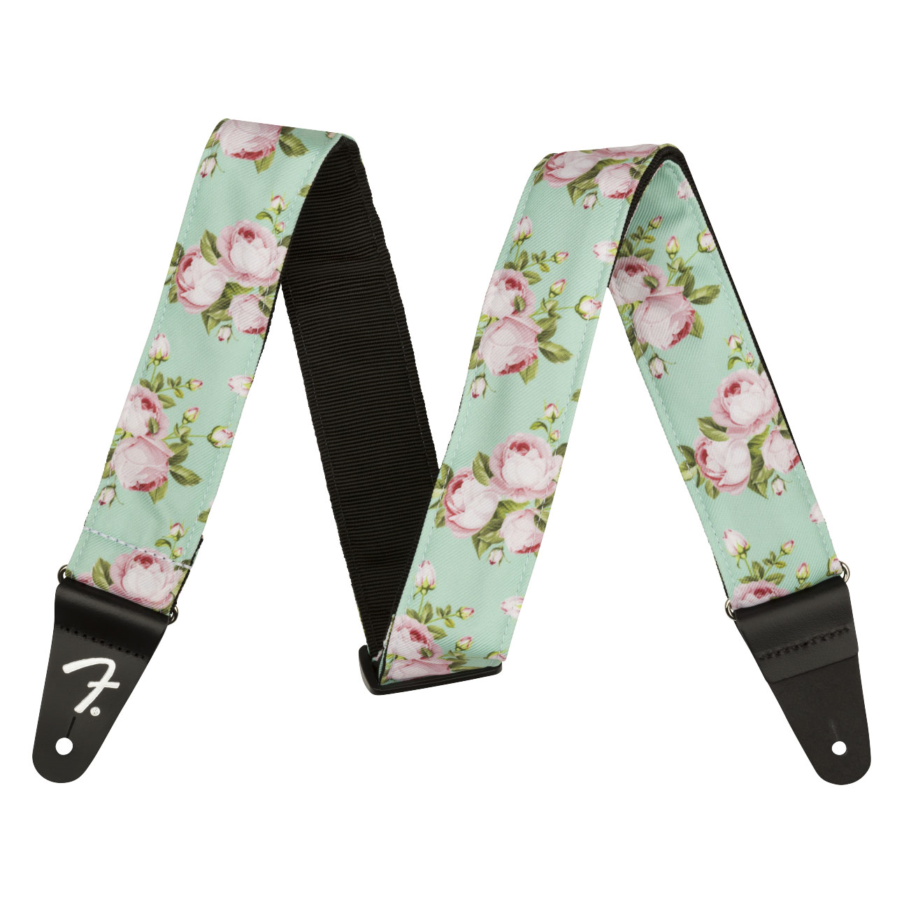 Fender Floral Strap for guitars featuring a colorful floral design in surf green, adjustable strap for comfortable playing.