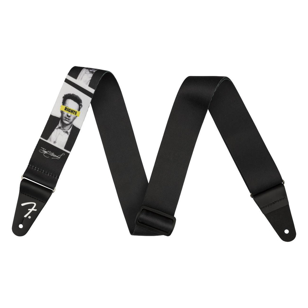 Fender Joe Strummer Know Your Rights polyester guitar strap with printed design, adjustable for comfortable playing.