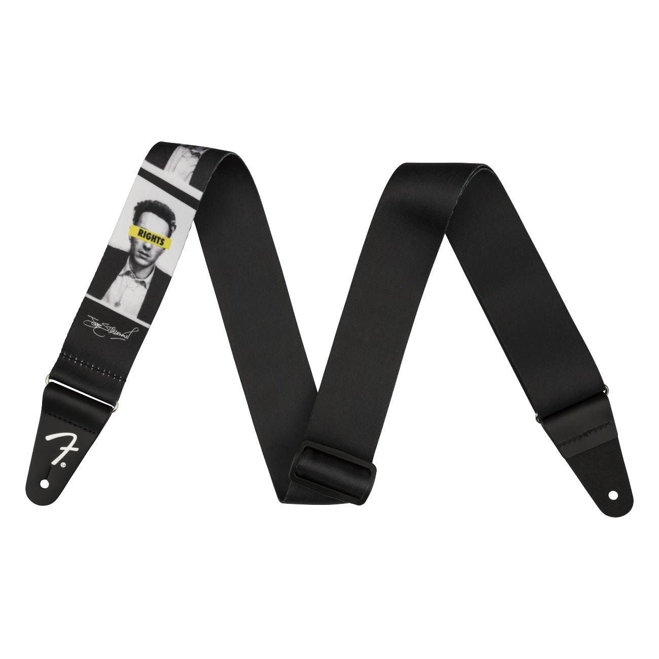 Fender Joe Strummer Know Your Rights polyester guitar strap with printed design, adjustable for comfortable playing.