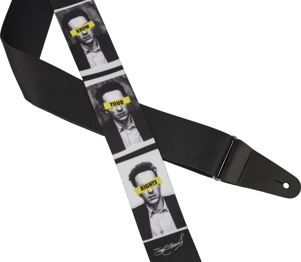 Fender Joe Strummer Know Your Rights polyester guitar strap with printed design and adjustable length, ideal for electric guitars.