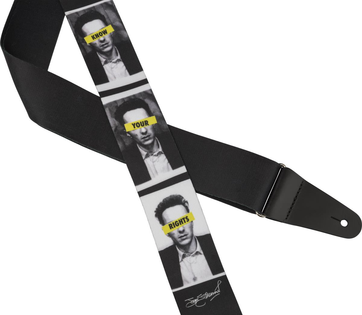 Fender Joe Strummer Know Your Rights polyester guitar strap with printed design and adjustable length, ideal for electric guitars.