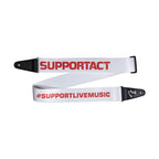 Fender FSR Support Act charity guitar strap in white and red, adjustable with leather ends for comfortable playing.
