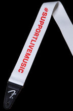 Fender FSR Support Act charity guitar strap in white and red with adjustable length and leather ends, designed for electric guitars.