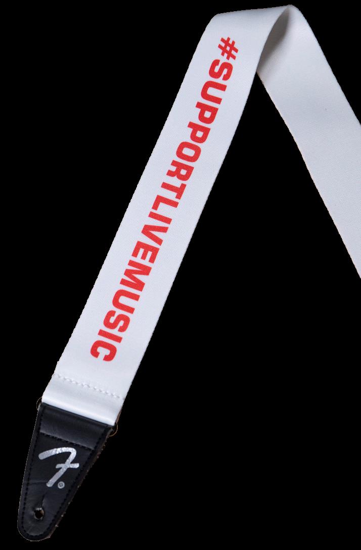 Fender FSR Support Act charity guitar strap in white and red with adjustable length and leather ends, designed for electric guitars.