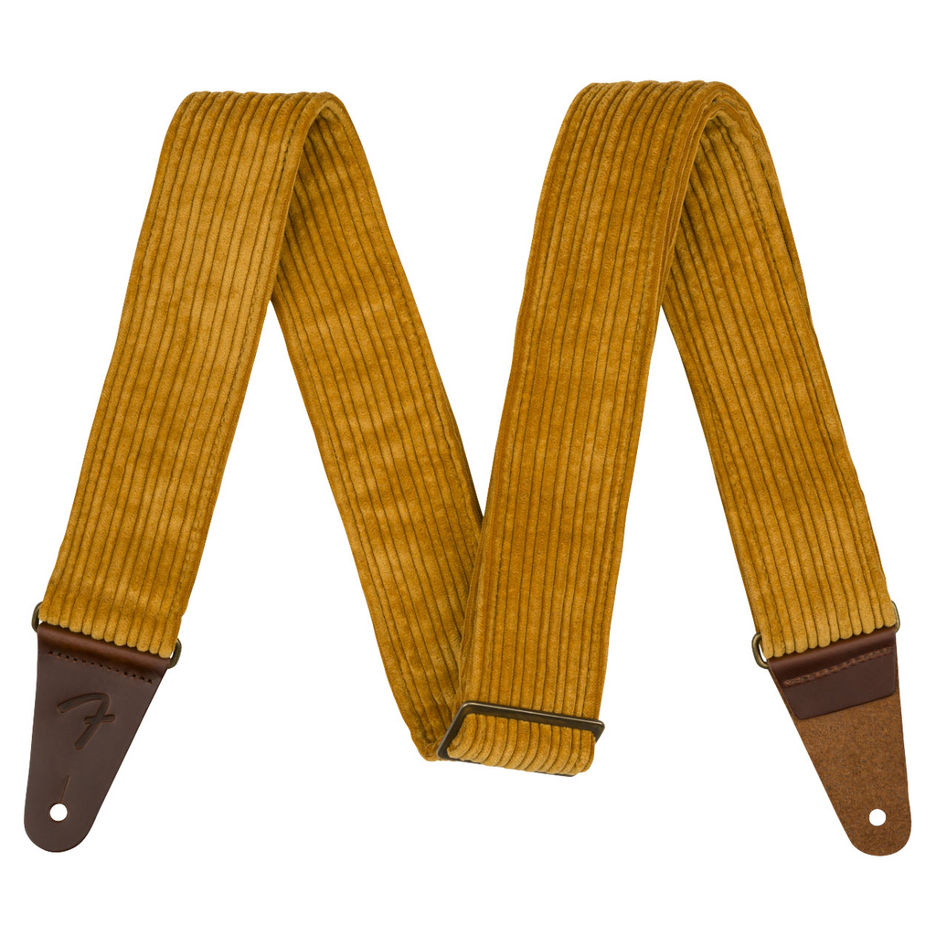Fender Corduroy Strap Blaze Gold guitar strap with corduroy fabric and adjustable length for comfortable instrument support