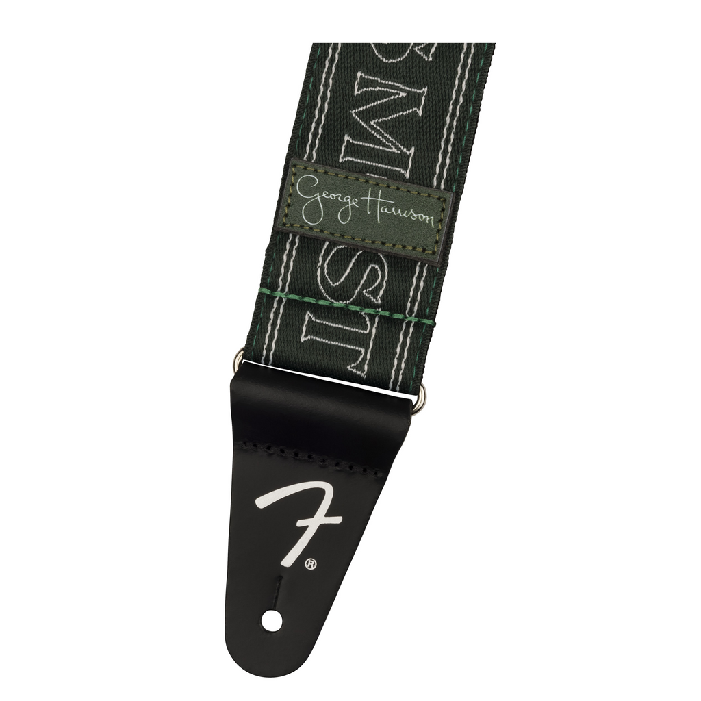 Fender George Harrison All Things Must Pass green guitar strap with 2-inch logo design, adjustable for comfortable playing.