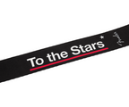 Fender Tom DeLonge To The Stars black guitar strap with adjustable leather ends, designed for electric guitars.