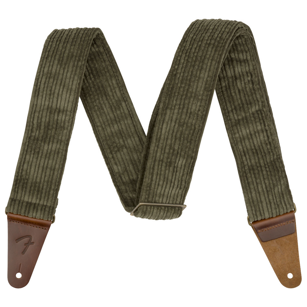 Fender Corduroy Guitar Strap in Antique Olive with adjustable length and padded comfort for secure instrument support.