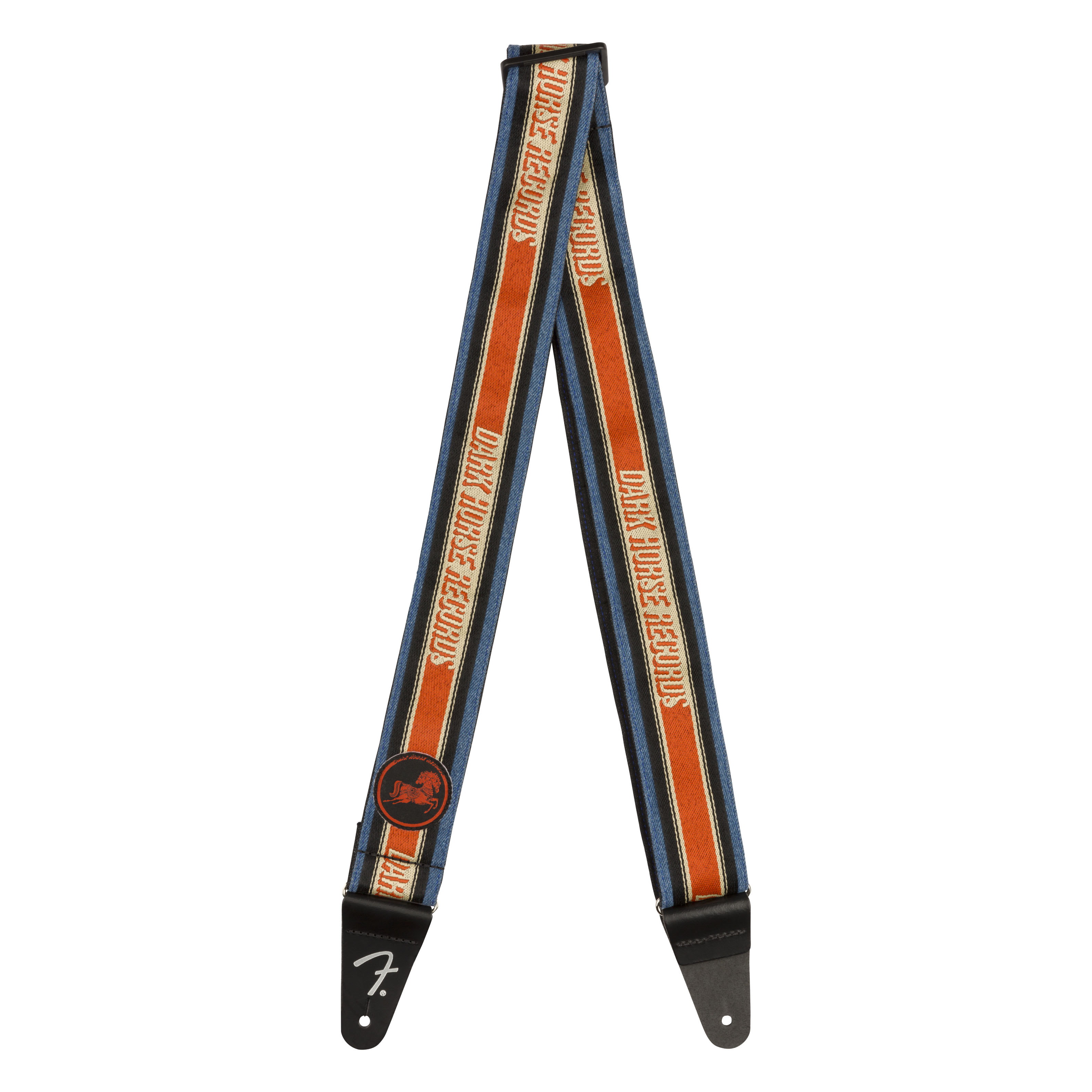 Fender George Harrison Dark Horse Records 2-inch logo guitar strap with dark strap material and printed logo design.
