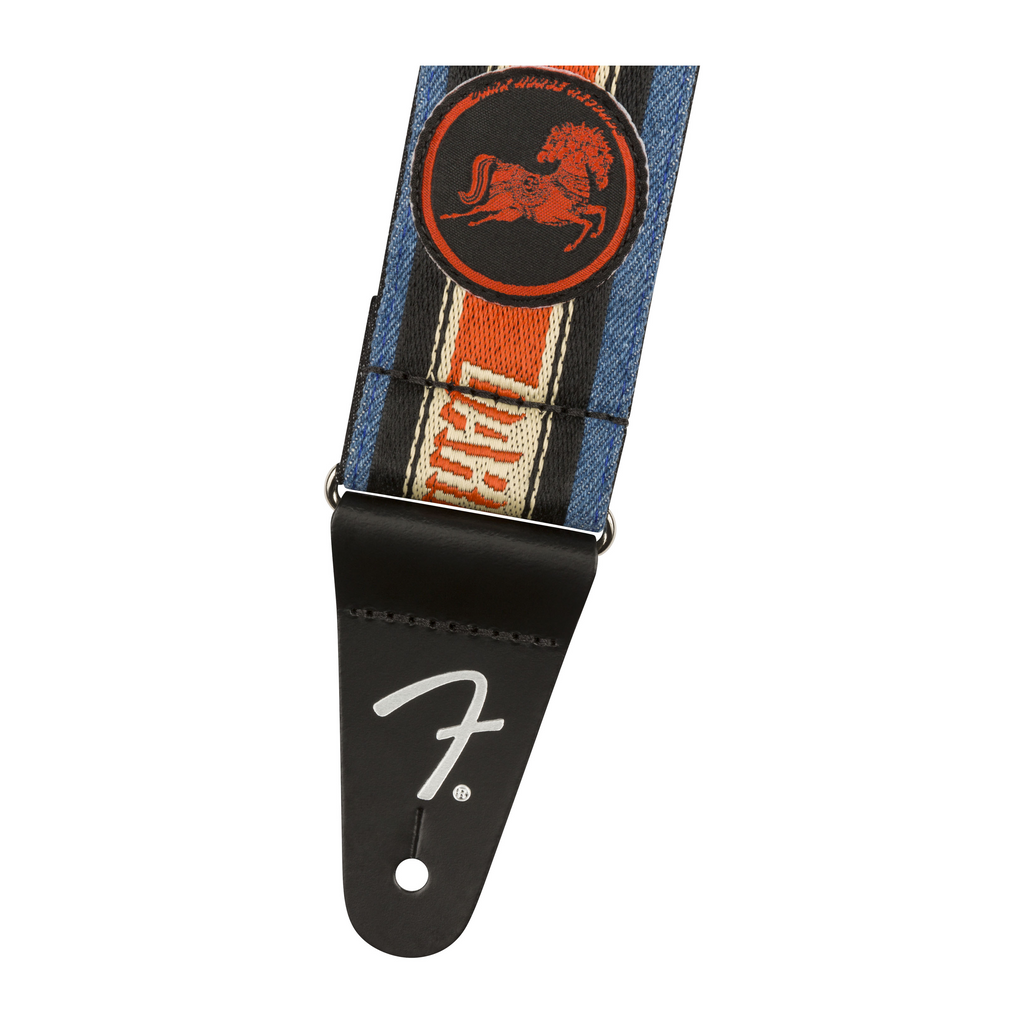 Fender George Harrison Dark Horse Records 2-inch logo guitar strap with black leather ends and dark strap material for electric guitars.
