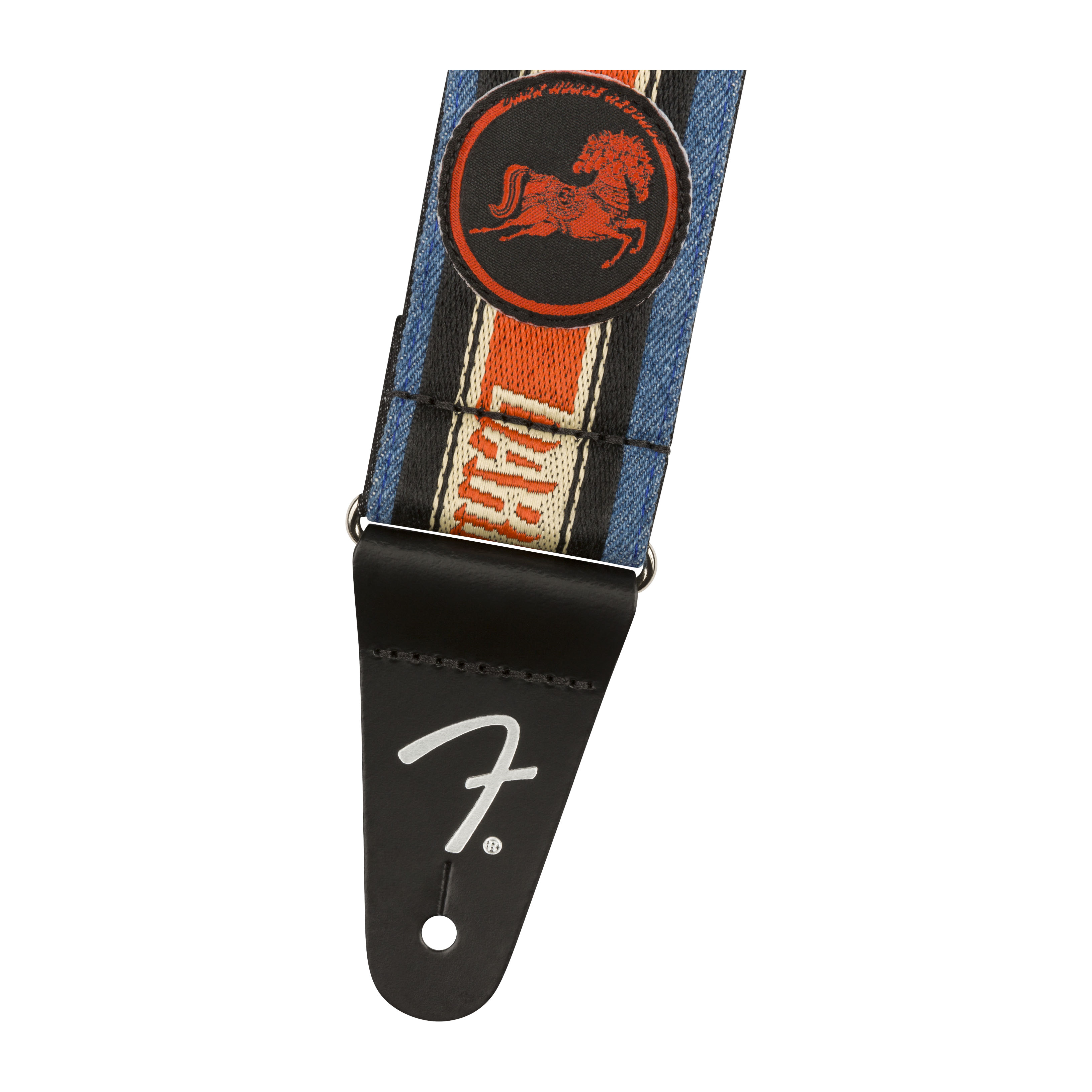 Fender George Harrison Dark Horse Records 2-inch logo guitar strap with black leather ends and dark strap material for electric guitars.