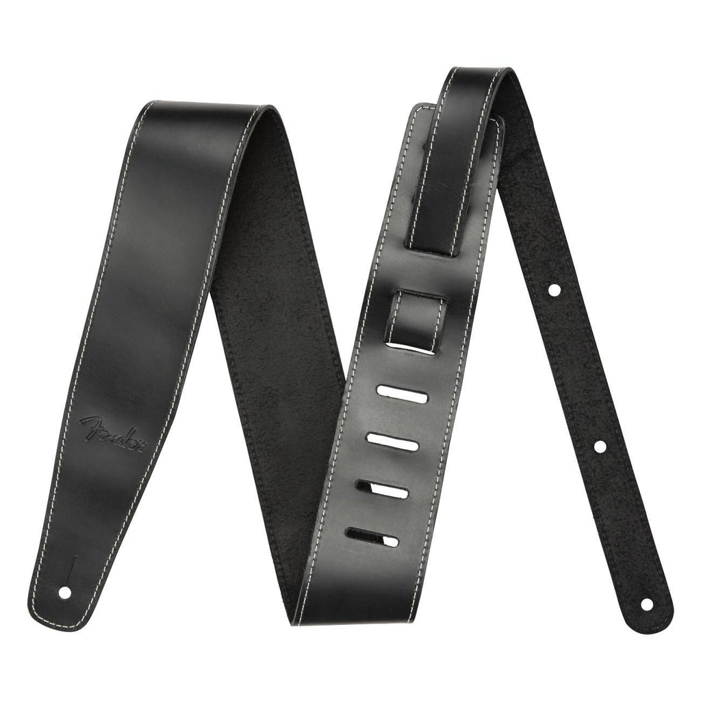 Fender Broken-In Leather 2.5-inch black guitar strap with adjustable length and sturdy leather construction for comfortable playing.