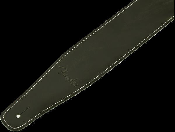 Fender Broken-In Leather 2.5-inch green guitar strap with adjustable ends, made for comfortable support during playing.