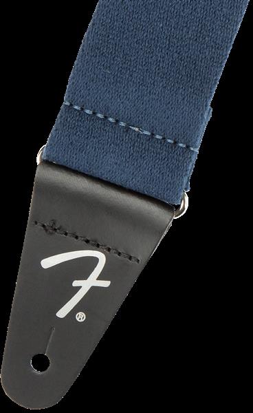 Fender Supersoft 2-inch blue guitar strap with padded leather ends and adjustable length for comfortable playing.
