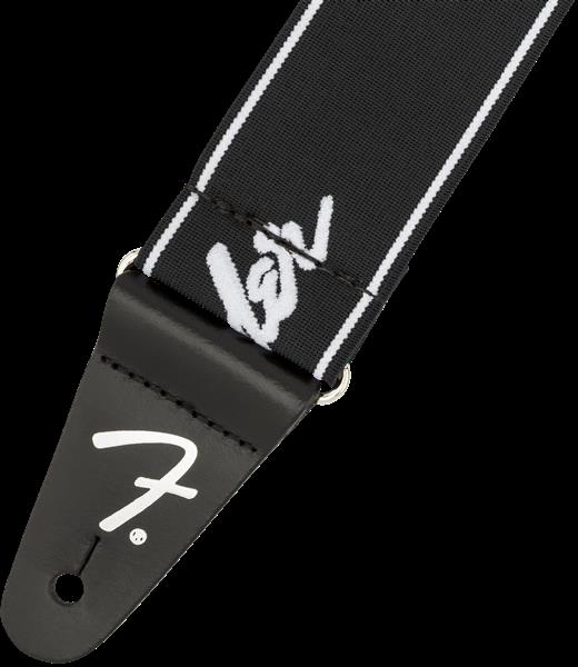 Fender WeighLess Running Logo 2-inch black and white guitar strap with running logo design, adjustable for comfortable guitar playing.