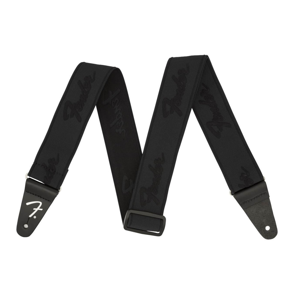 Fender WeighLess 2-inch black guitar strap with logo, adjustable for comfort, made for electric guitar playing.