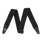 Fender WeighLess 2-inch black guitar strap with logo, adjustable for comfort, made for electric guitar playing.