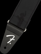 Fender WeighLess 2-inch logo guitar strap in black, featuring adjustable design and Fender branding for comfortable instrument support.