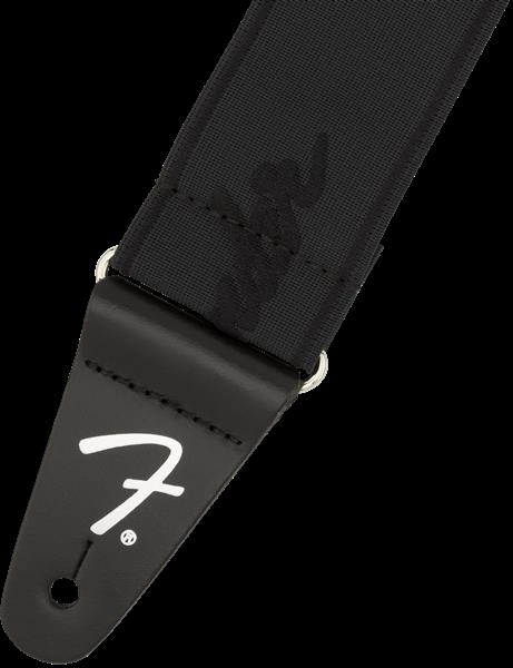 Fender WeighLess 2-inch logo guitar strap in black, featuring adjustable design and Fender branding for comfortable instrument support.