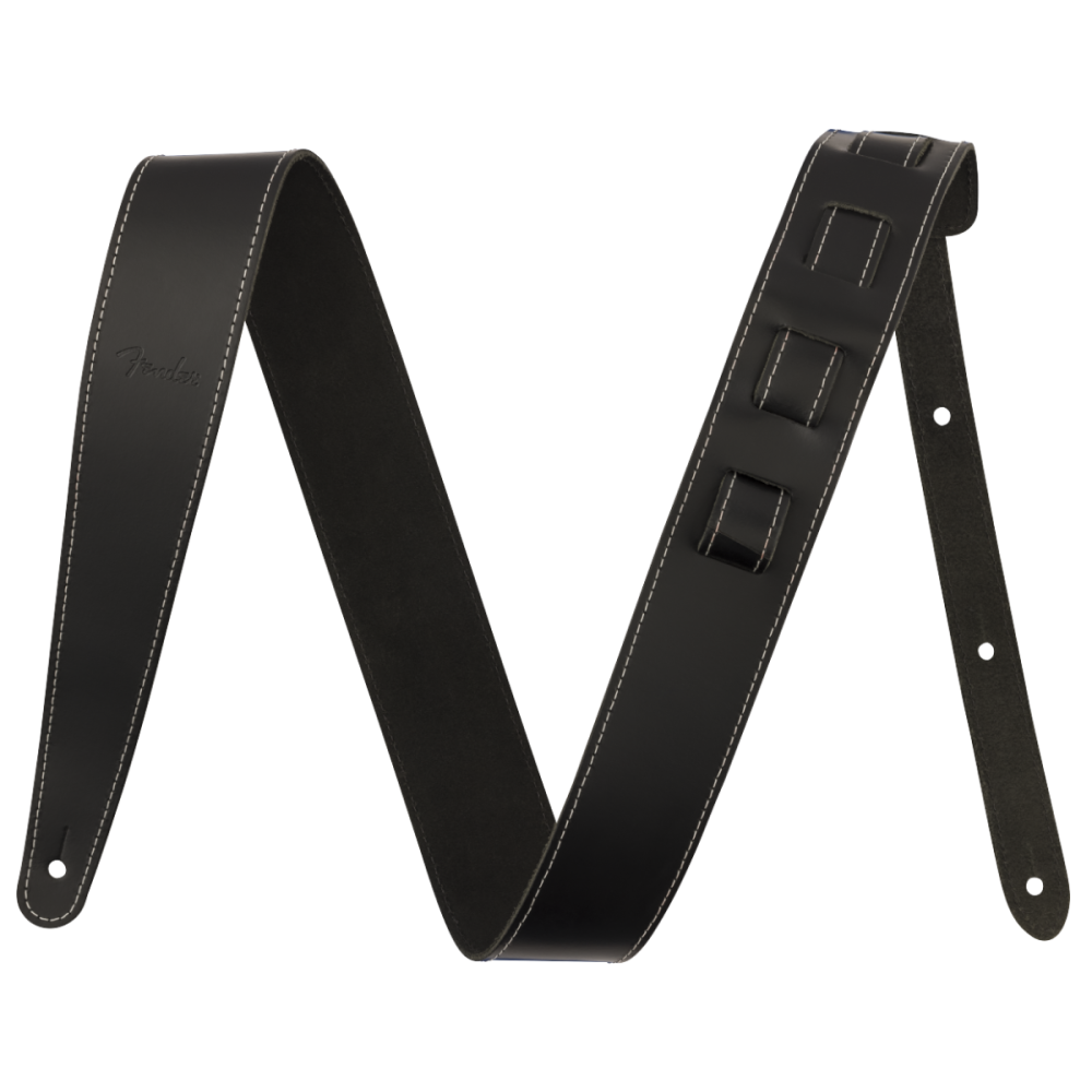 Fender Essentials 2-inch black leather guitar strap with adjustable design, for comfortable instrument support.