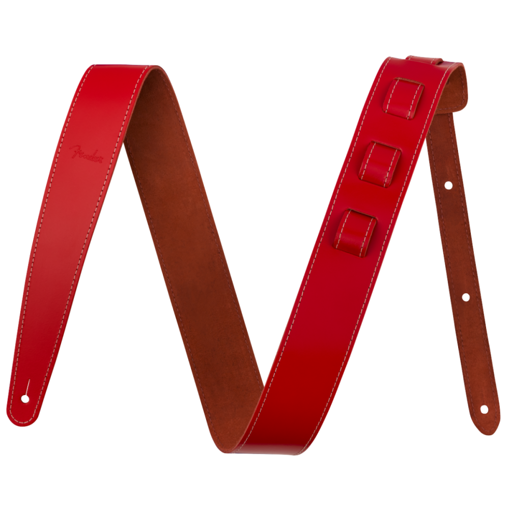 Red Fender Essentials 2-inch leather guitar strap with adjustable design, ideal for comfortable and stylish instrument support.