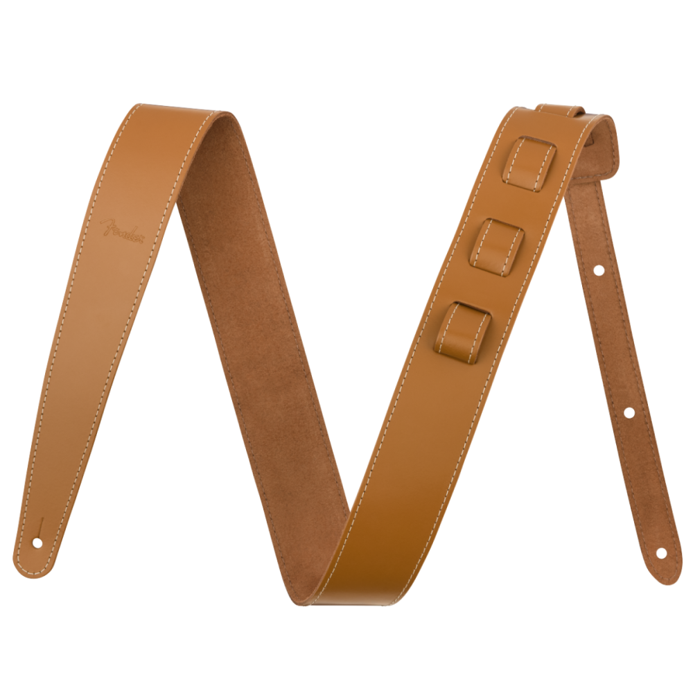Fender Essentials 2-inch tan leather guitar strap with adjustable length and reinforced ends for comfortable play.